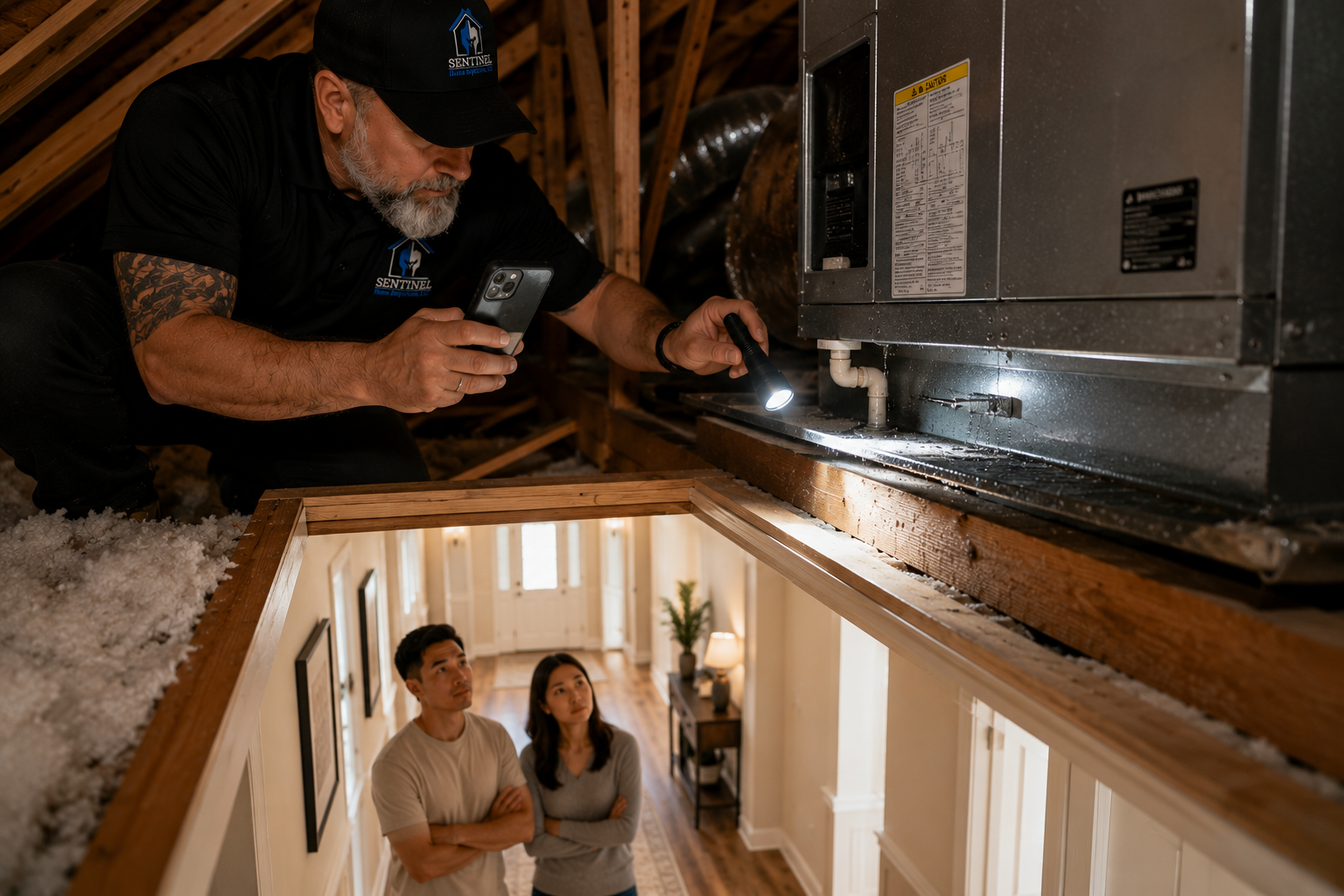 Kyle Hamilton documents a hidden HVAC leak in an attic while prospective homebuyers watch from below, revealing damage that was invisible from inside the home.