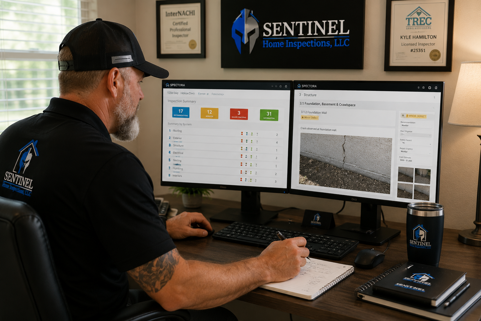 Home inspector Kyle Hamilton preparing a detailed Spectora inspection report with photos and recommendations for a North Texas homebuyer. Home inspector Kyle Hamilton preparing a detailed Spectora inspection report with photos and recommendations for a North Texas homebuyer.