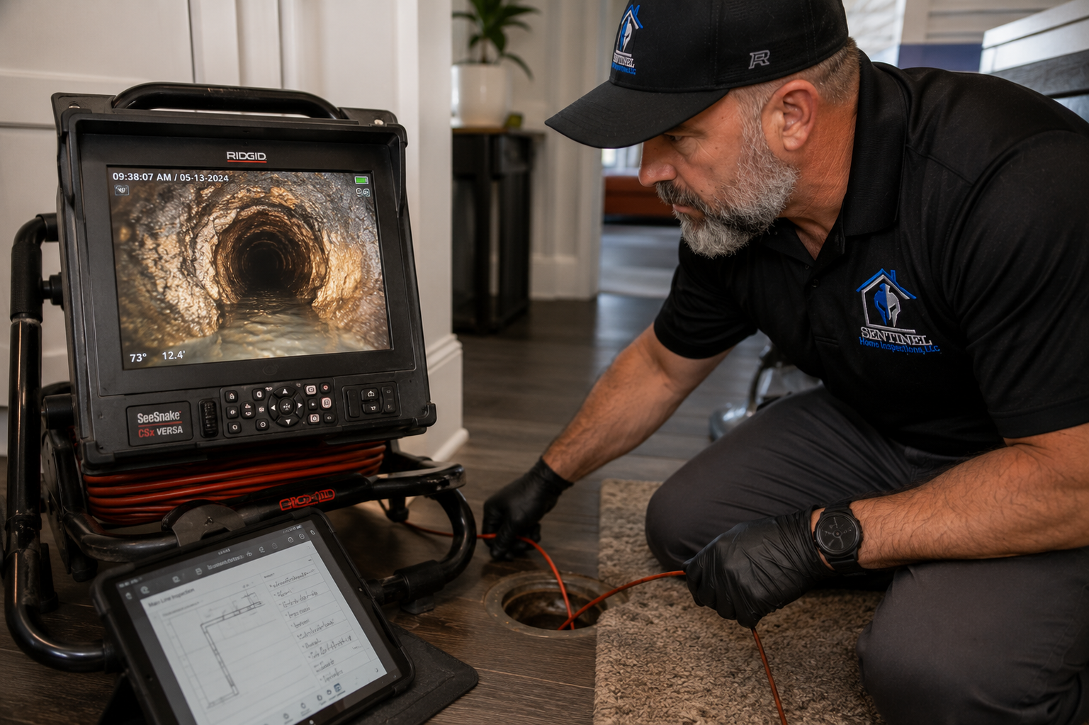 A sewer camera inspection reveals mineral buildup and deterioration inside an aging cast iron sewer pipe beneath a mid-century Dallas home. A sewer camera inspection reveals mineral buildup and deterioration inside an aging cast iron sewer pipe beneath a mid-century Dallas home.