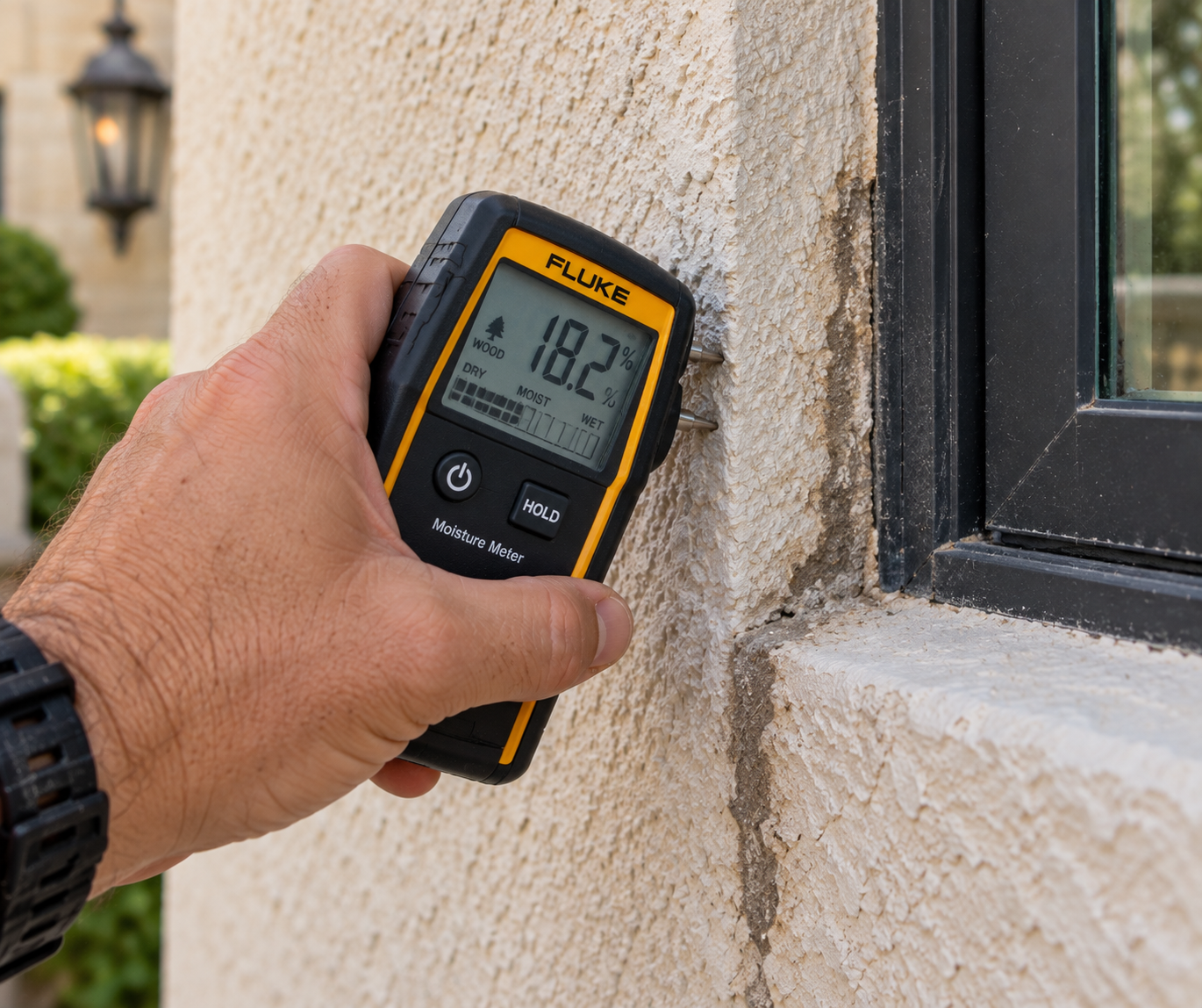 A moisture meter probe pressed against an EIFS wall corner near a window, testing for hidden water intrusion behind the stucco. A moisture meter probe pressed against an EIFS wall corner near a window, testing for hidden water intrusion behind the stucco.