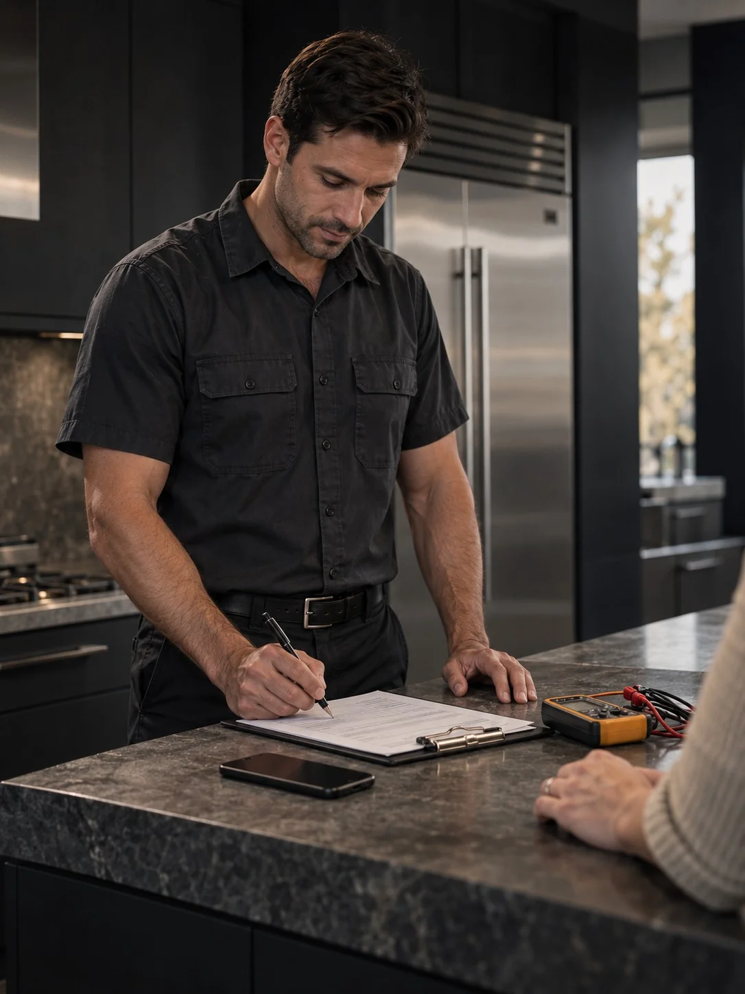 Wolf Help technician writing the price on a work order before starting the repair