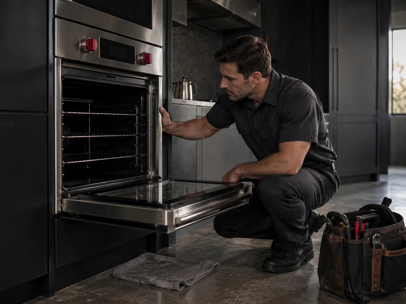 Wolf Help technician checking the control board of an open Wolf wall oven in an Atlanta kitchen