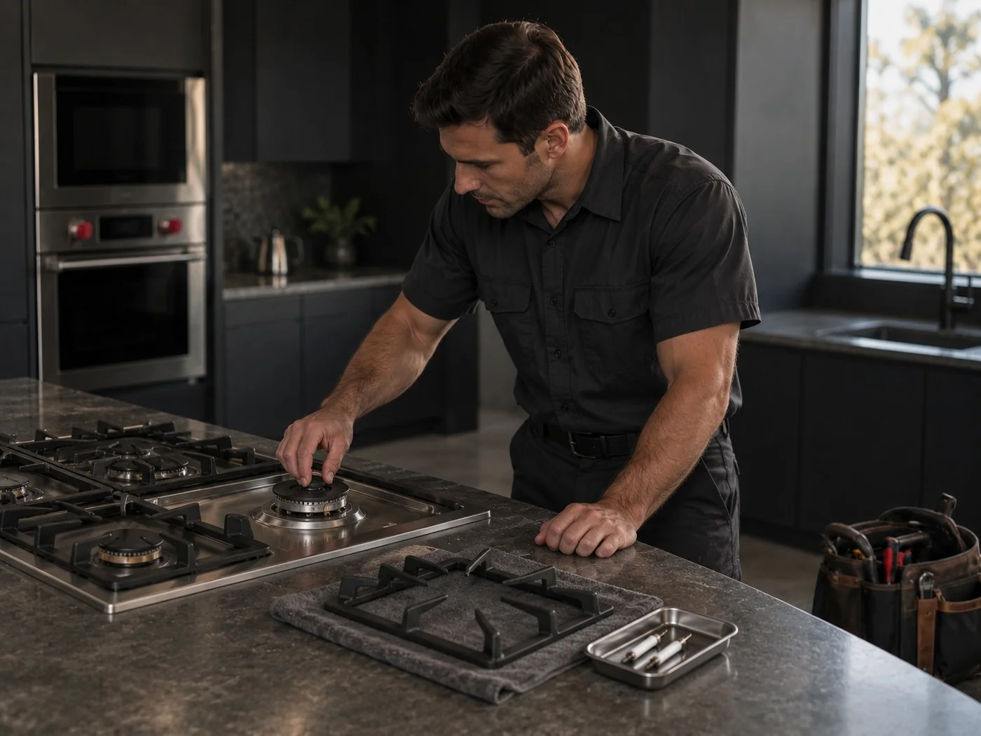 Wolf Help technician inspecting a burner cap and spark electrode on a Wolf gas cooktop
