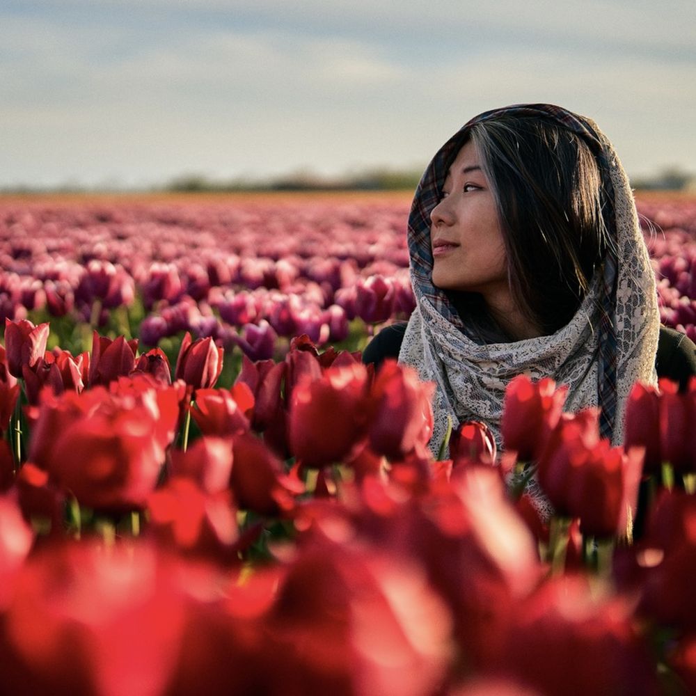 Rose Song Wang in a field of red tulips