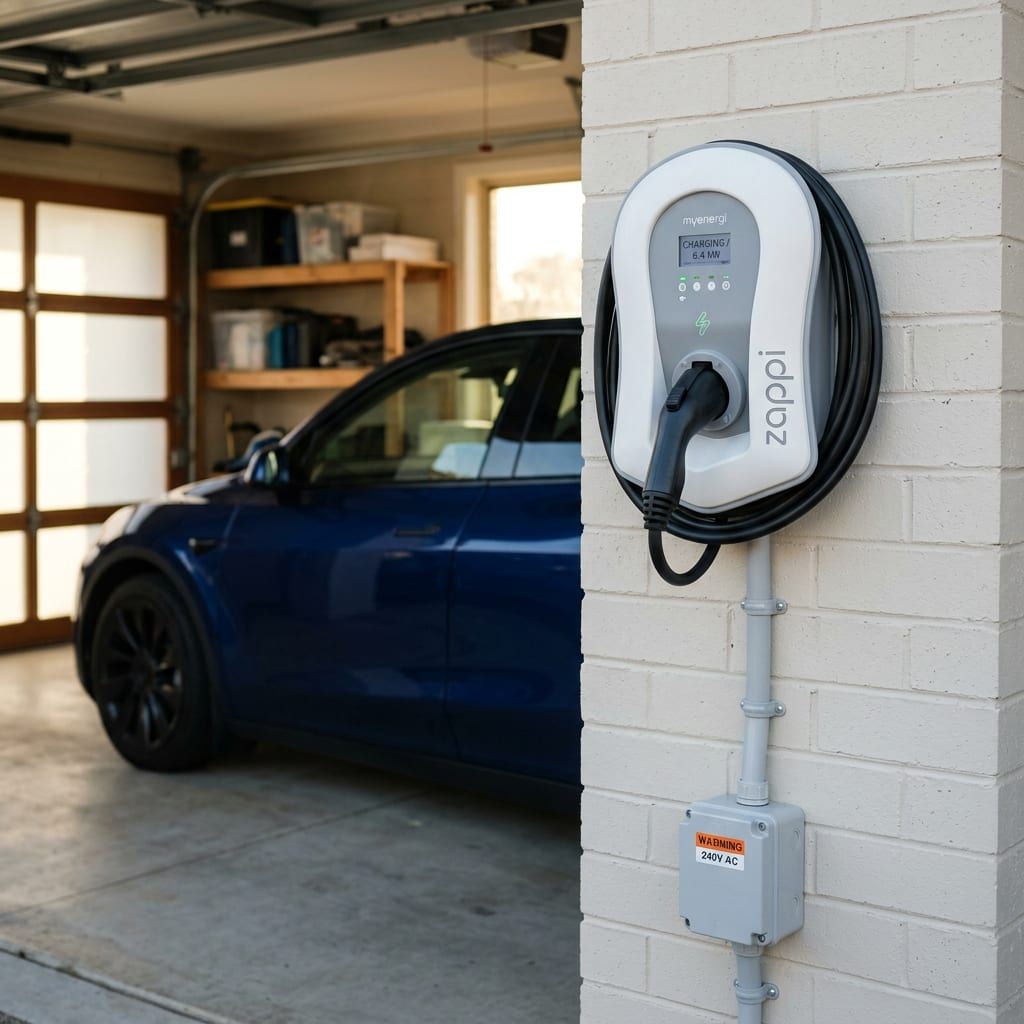 Installed EV charger on a garage wall with an electric car