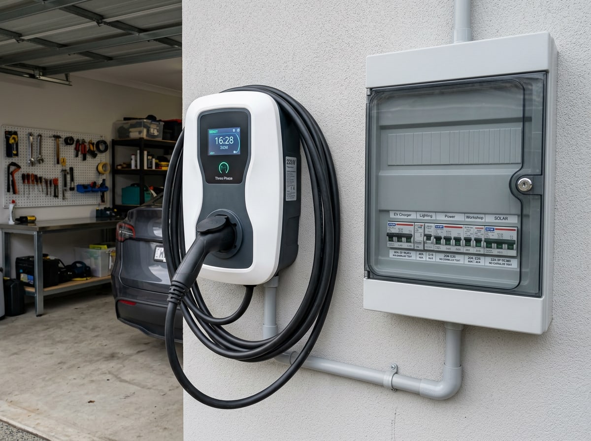 Three-phase EV charger installed near a switchboard at a Central Coast property