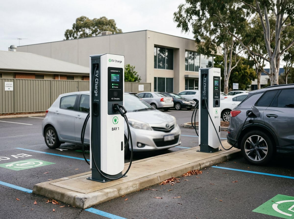 Commercial dual-bay EV charging stations in a Central Coast workplace car park
