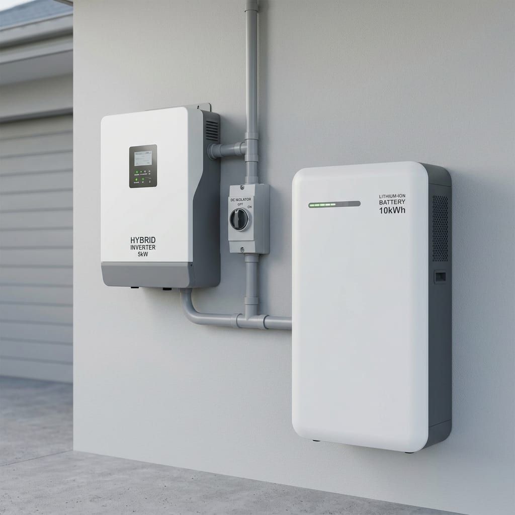 Battery-ready hybrid solar setup in a Central Coast garage