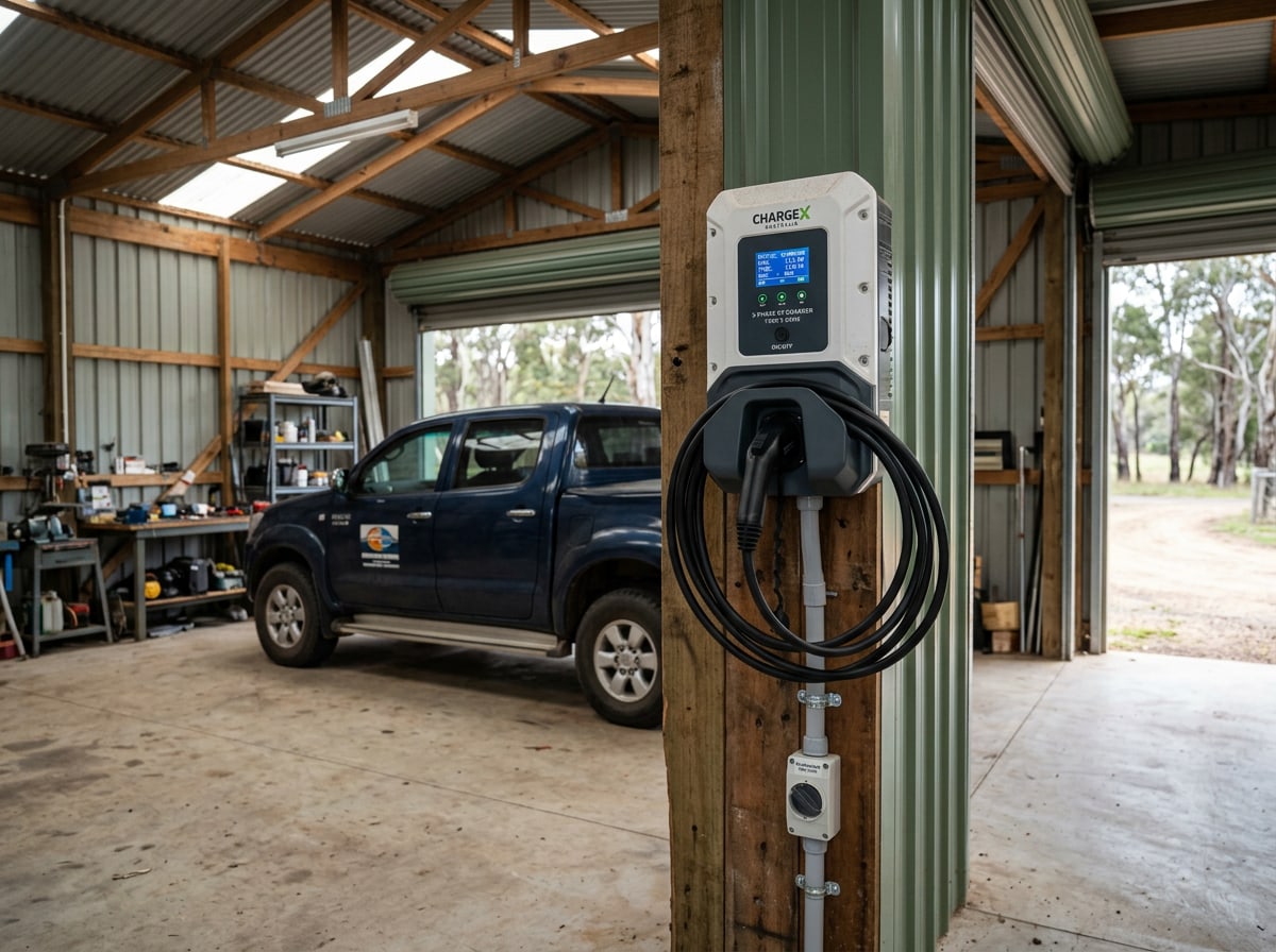 Three-phase EV charger installed in a workshop shed on the Central Coast