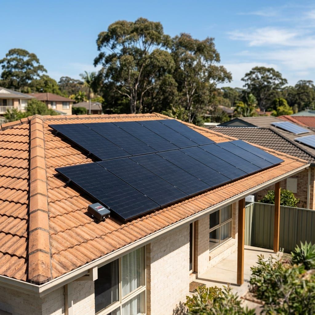 Completed rooftop solar array on a terracotta-tile Central Coast home