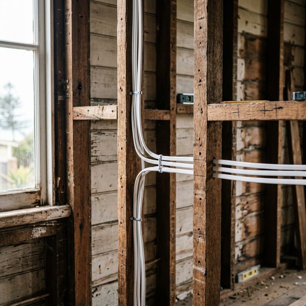 New wiring neatly run through an older cottage wall frame
