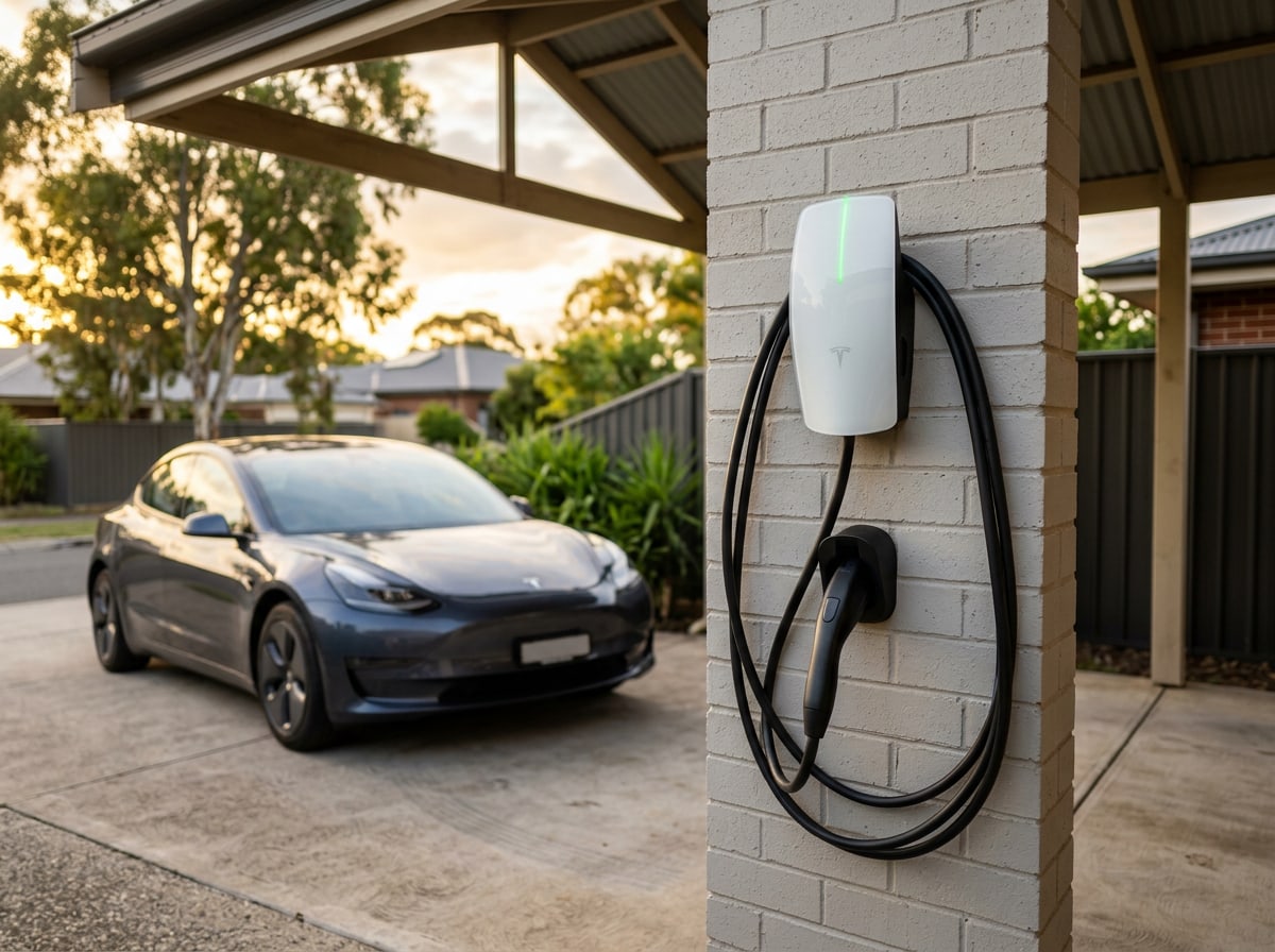 Tesla Wall Connector EV charger installed in a carport at a Central Coast home
