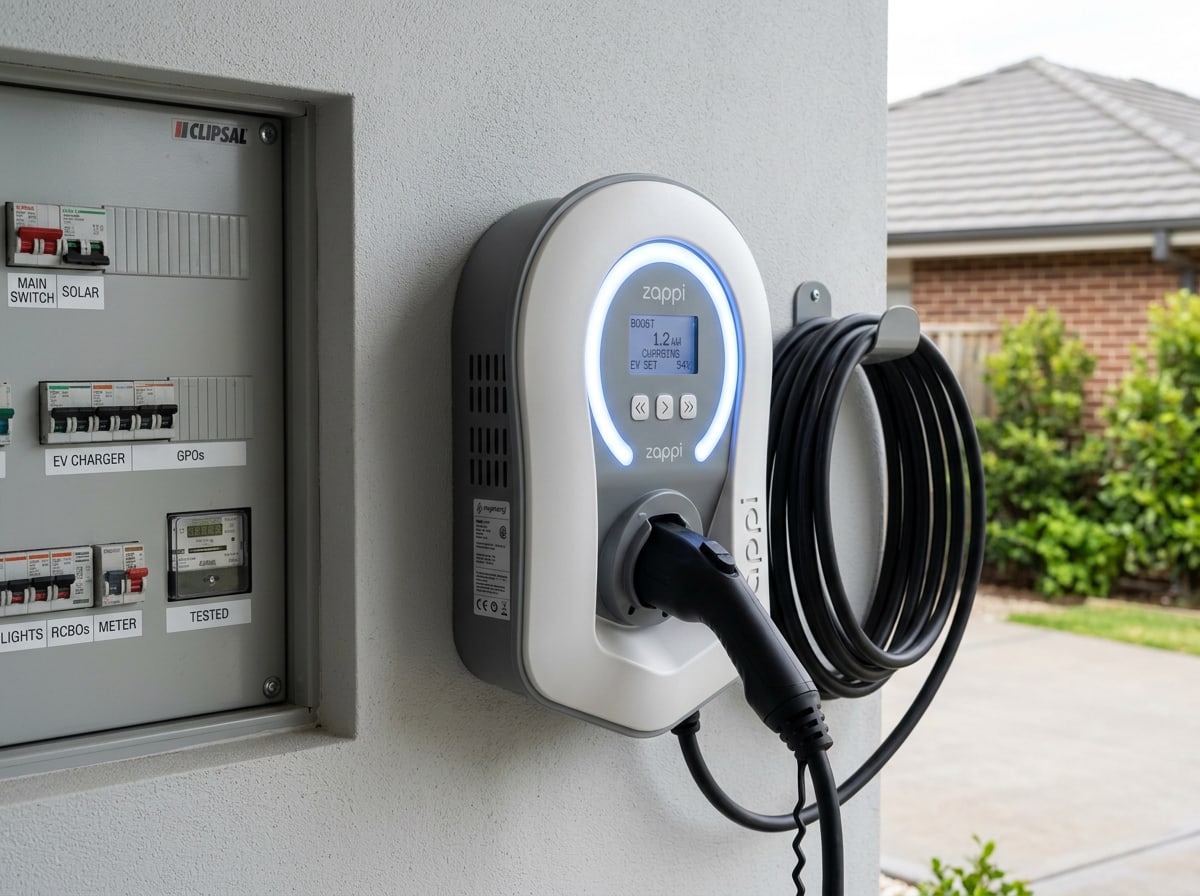 Smart load-managed EV charger wired beside a Central Coast home switchboard