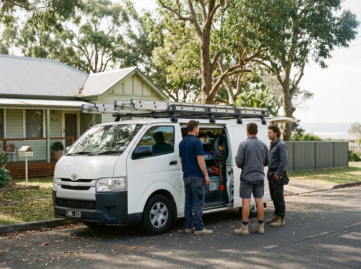 Local Umina Beach electricians beside an unbranded work van