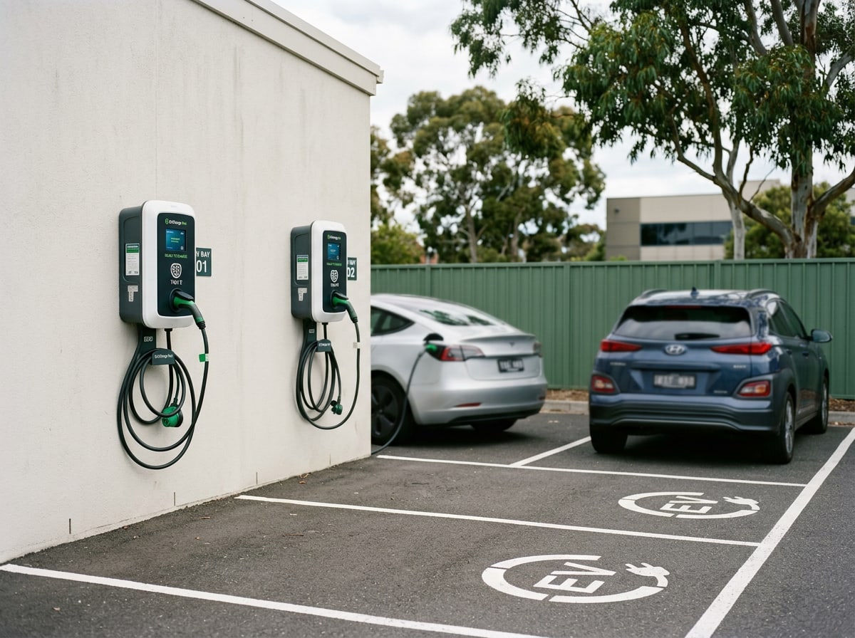 Dual-bay workplace EV charging station in a Central Coast car park