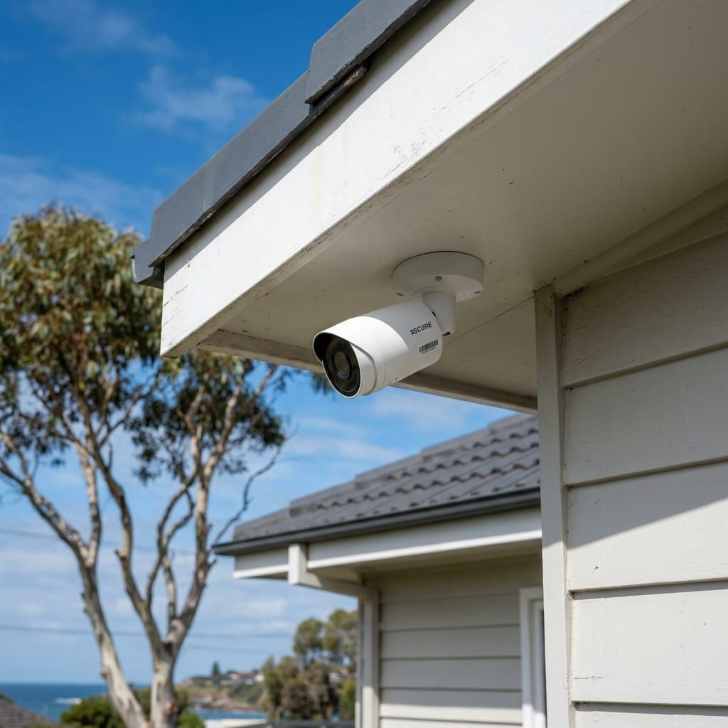 Hardwired CCTV camera mounted on a coastal home exterior