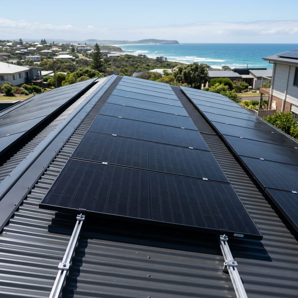 Black solar panels installed on a coastal Ettalong rooftop