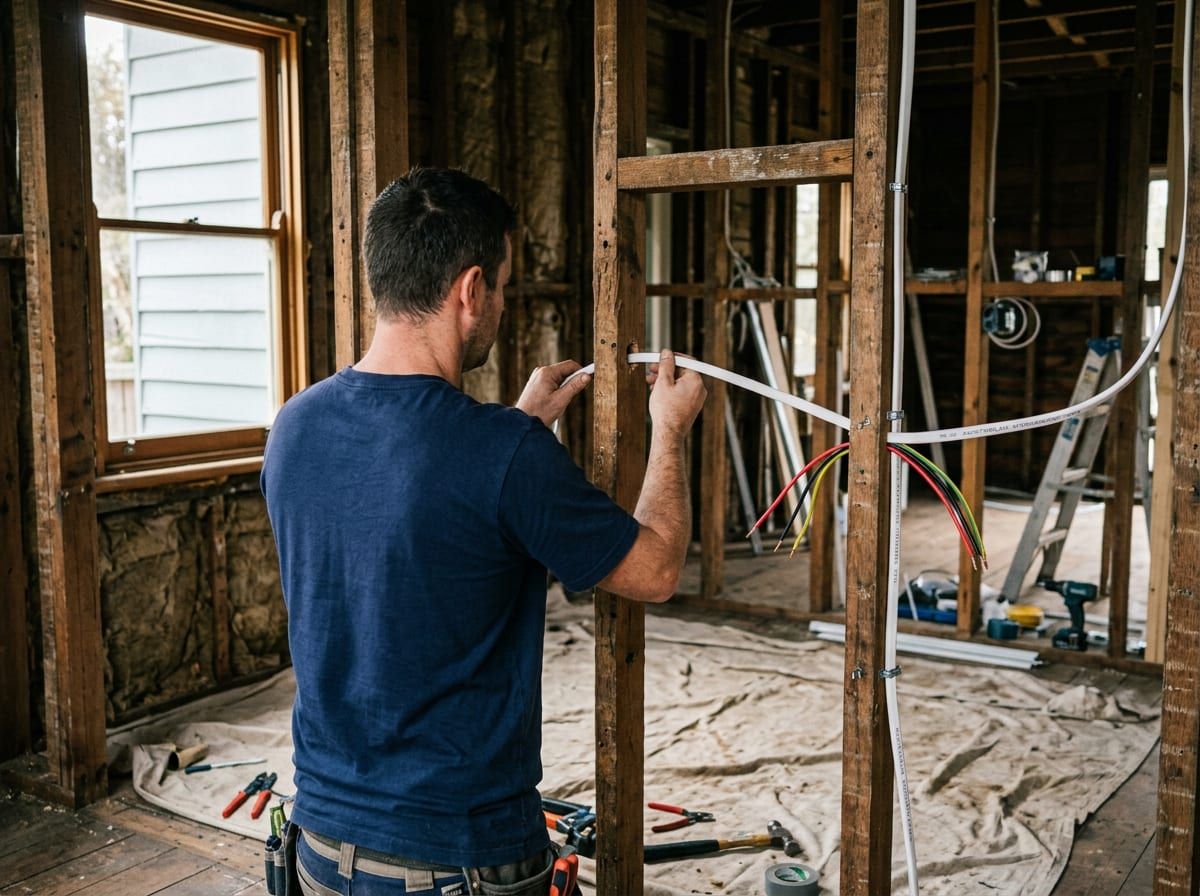 Electrician running new wiring through the open wall framing of a coastal cottage