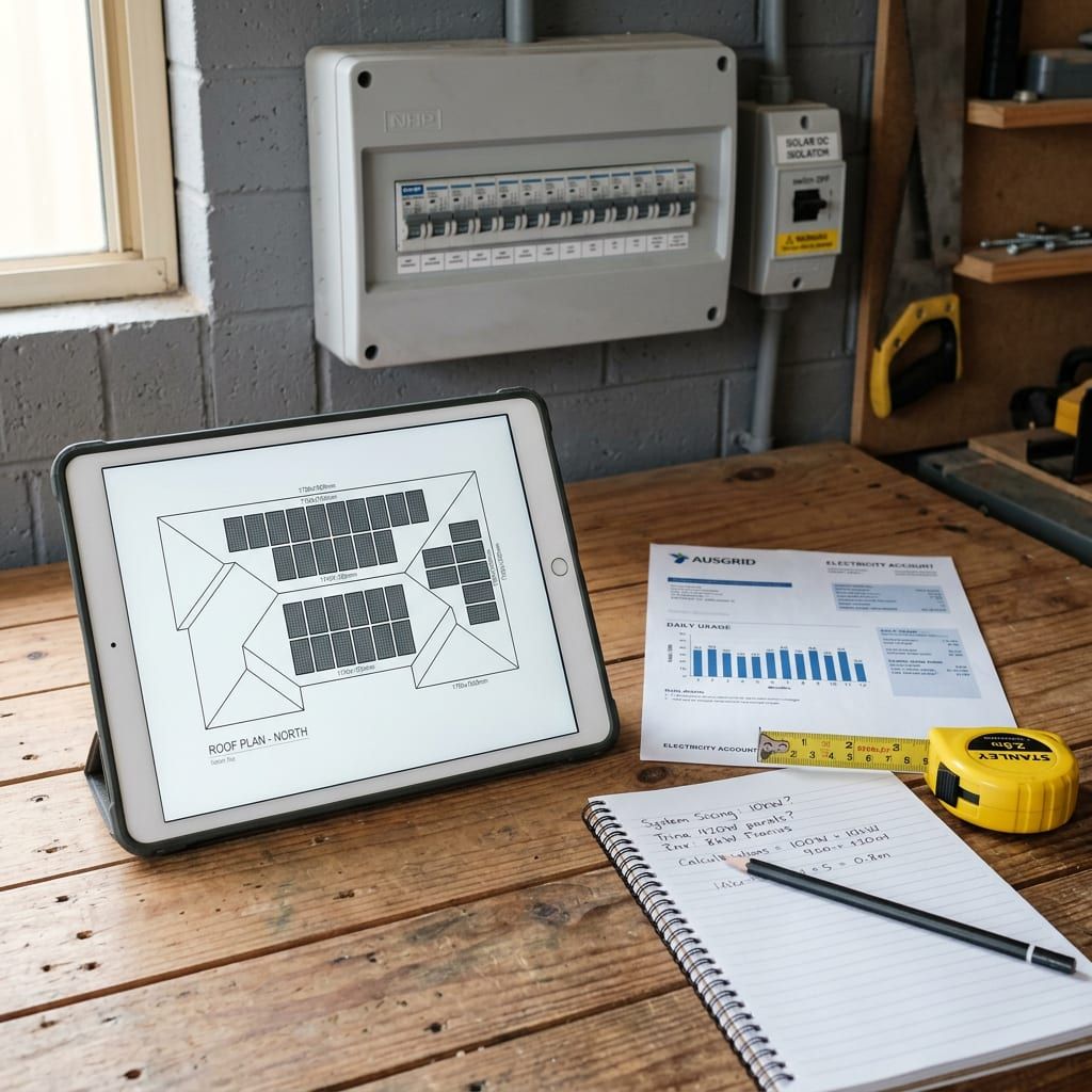 Solar system design and sizing reviewed beside a switchboard on the Central Coast
