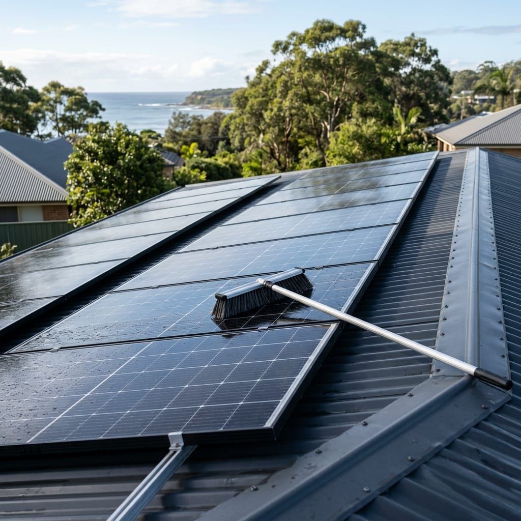 Solar maintenance and panel cleaning on a coastal Central Coast roof