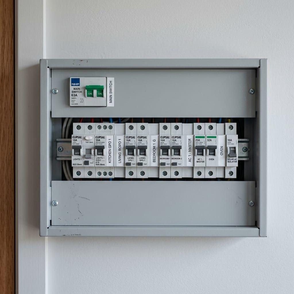Finished modern switchboard with labelled circuits