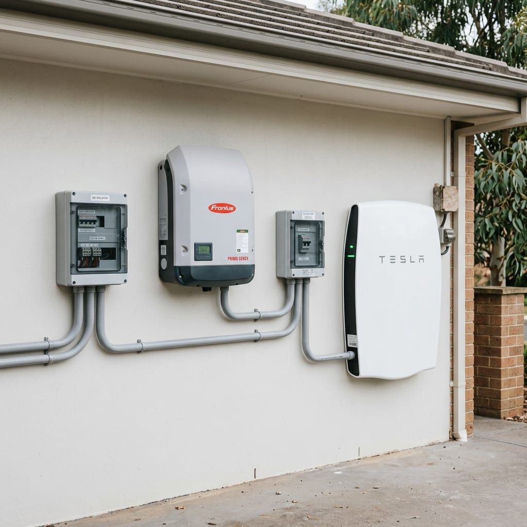 Hybrid solar inverter with a battery-ready setup on a Central Coast garage wall
