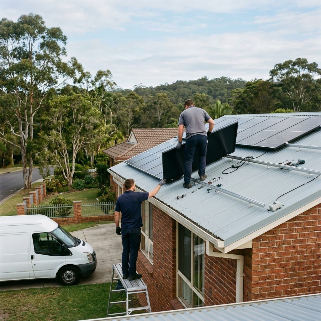 Central Coast solar installers fitting panels on a roof