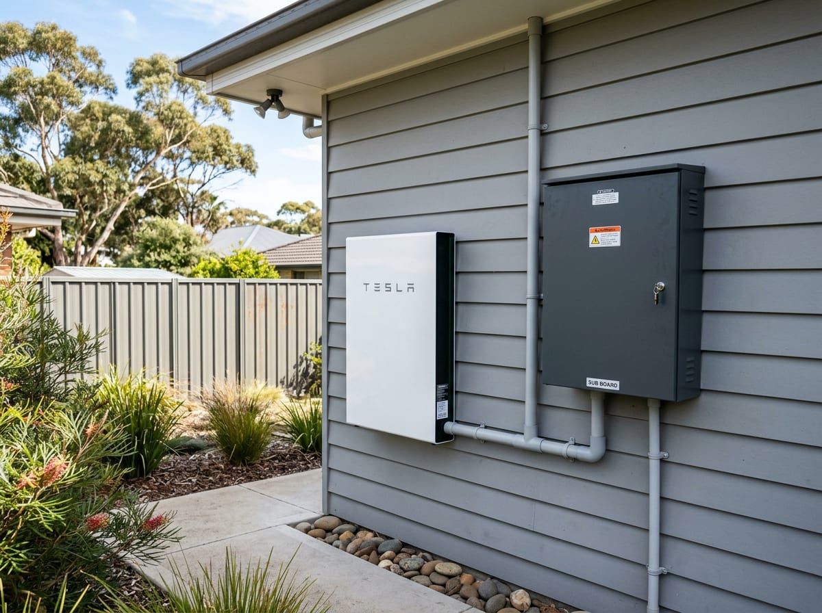 Home battery mounted beside a switchboard on an Australian exterior wall