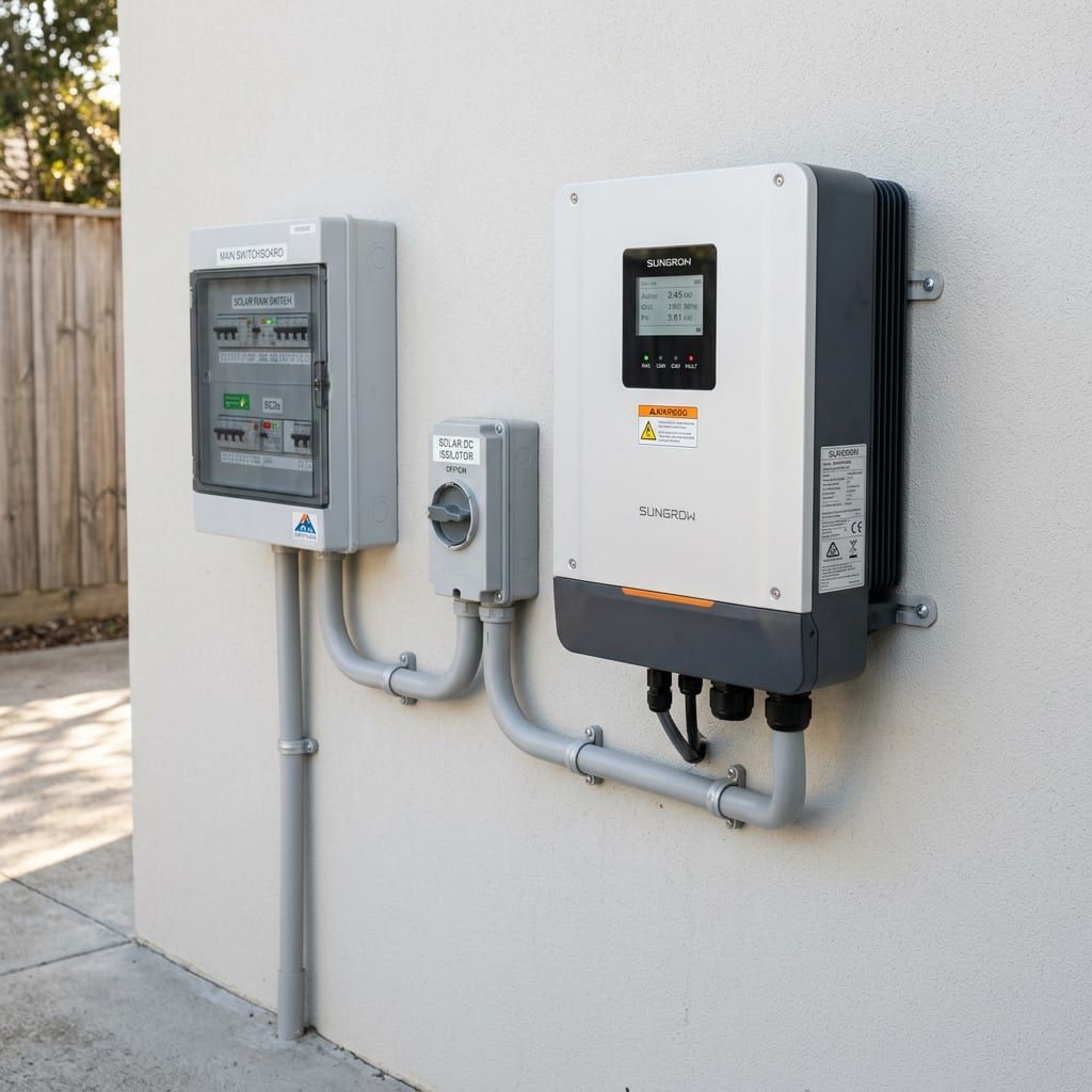 Wall-mounted solar inverter and DC isolator in a Central Coast garage