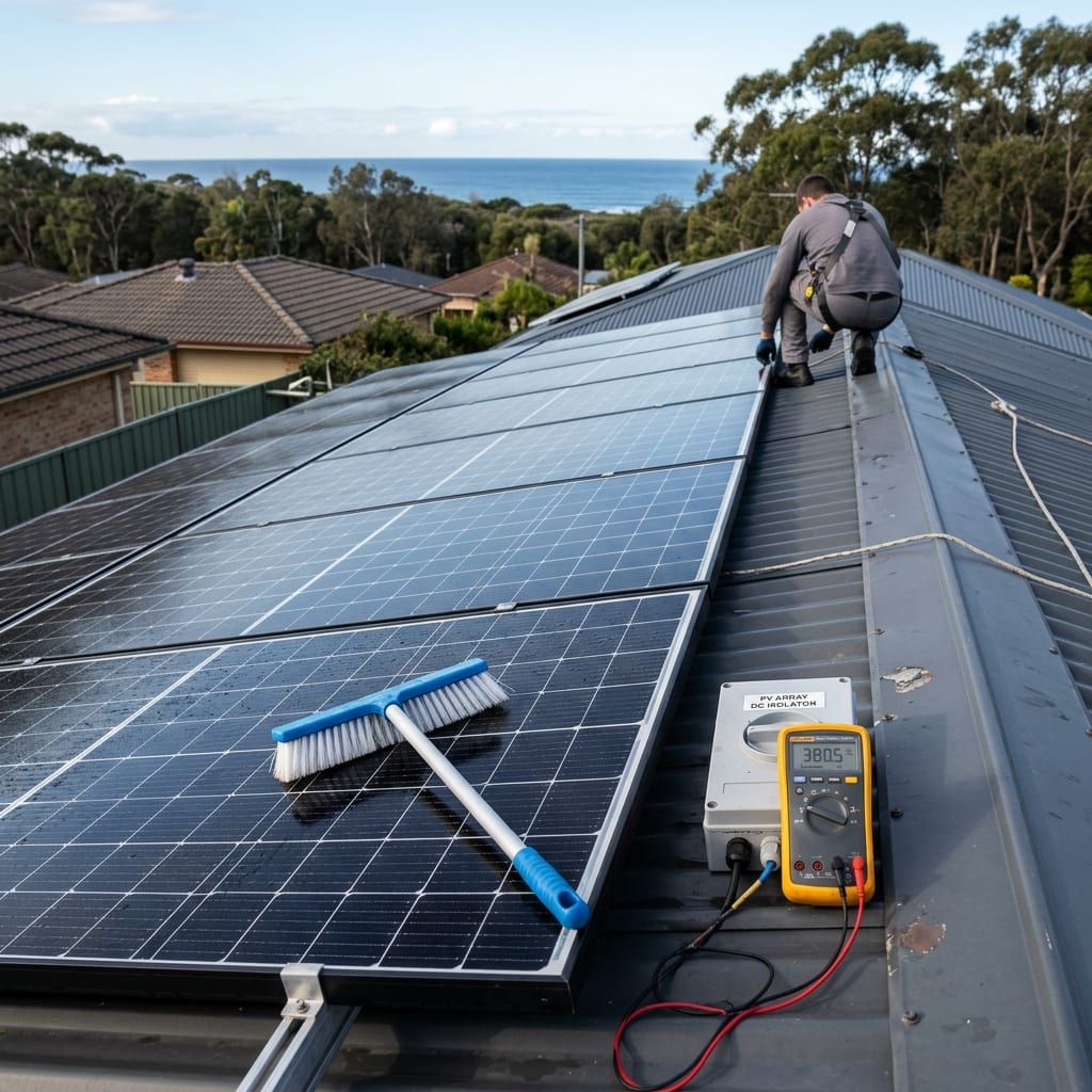 Solar panel maintenance and servicing on a coastal Central Coast roof