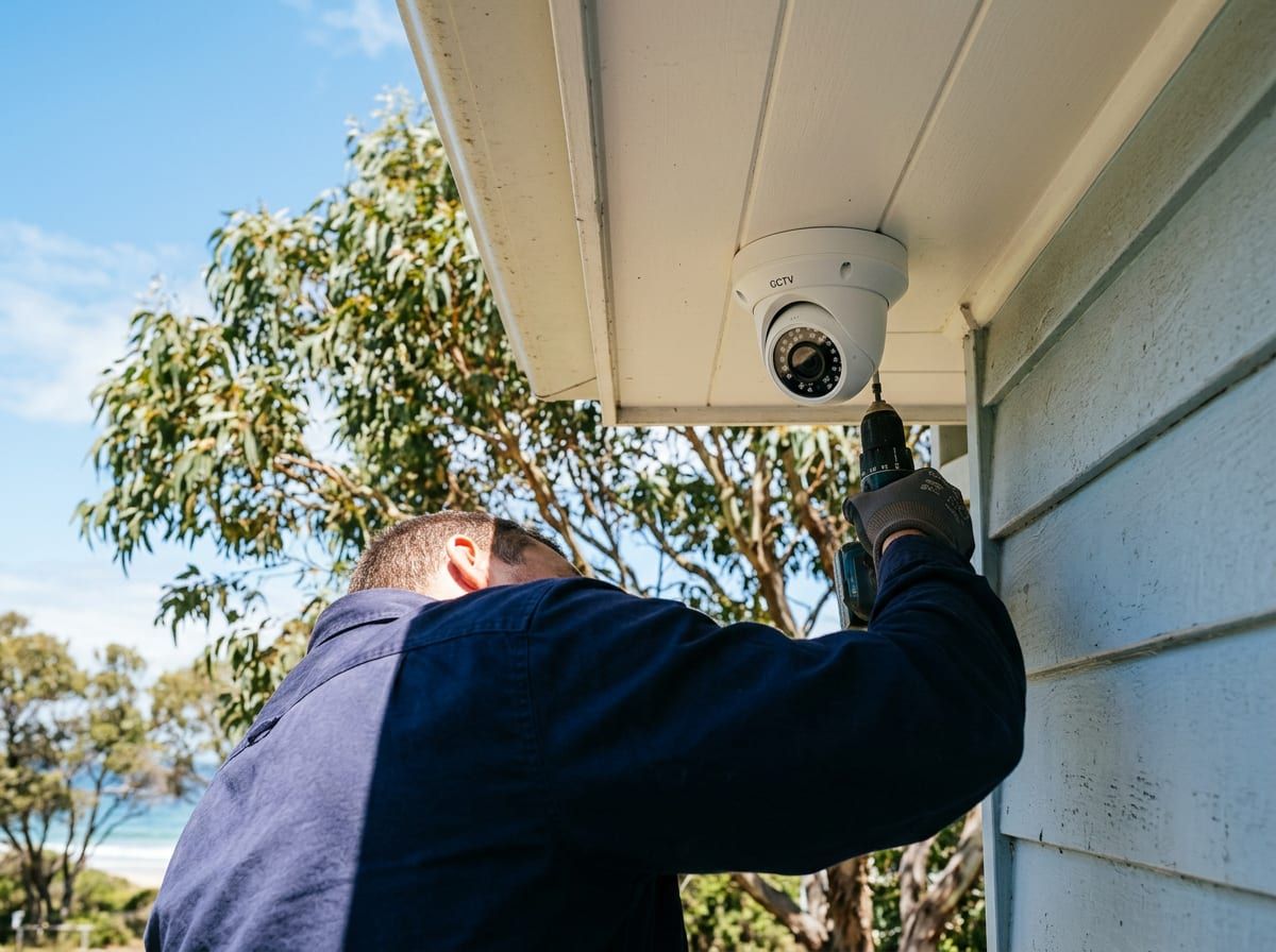CCTV camera being installed under the eaves of an Umina Beach home