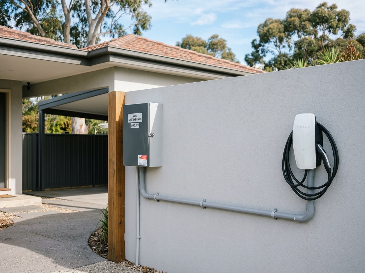 Neat conduit cable run from switchboard to EV charger at a Central Coast home