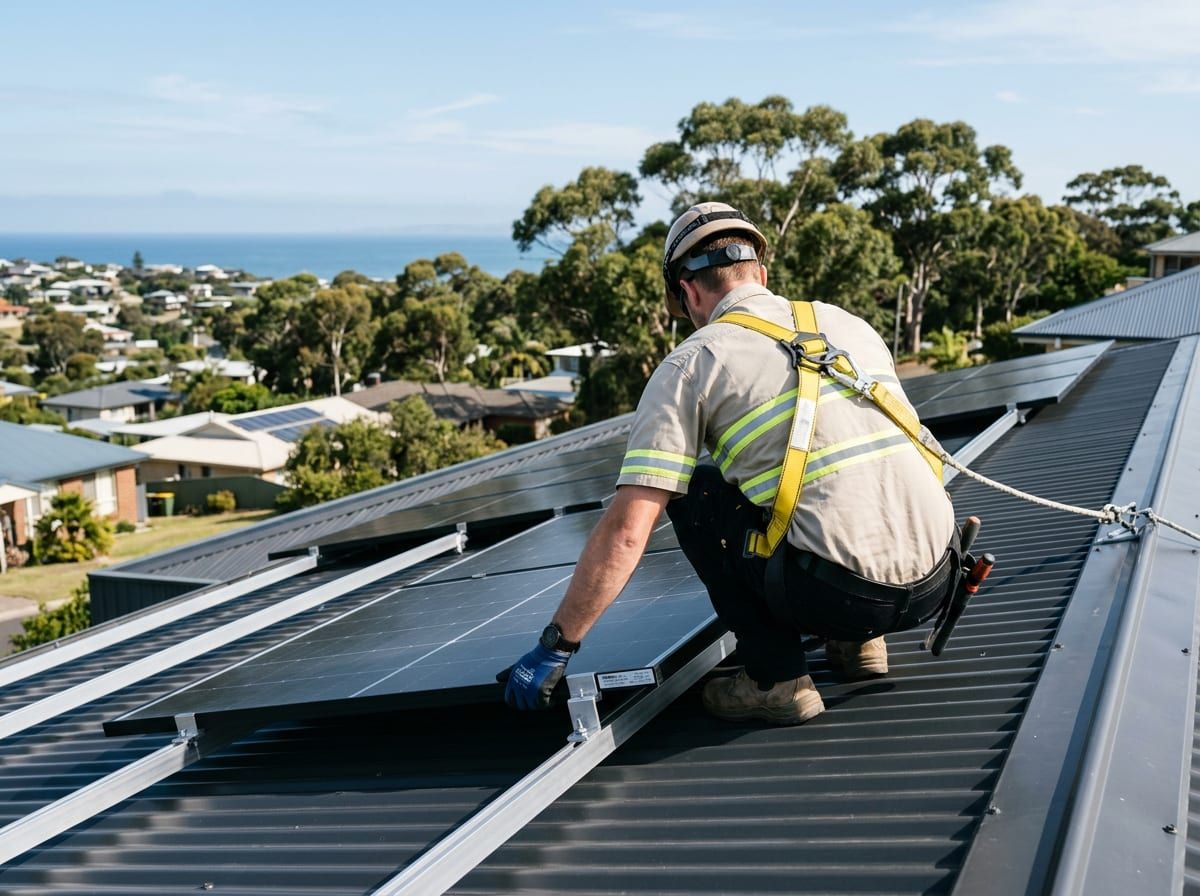 Solar panels being installed on a Colorbond roof in Umina Beach