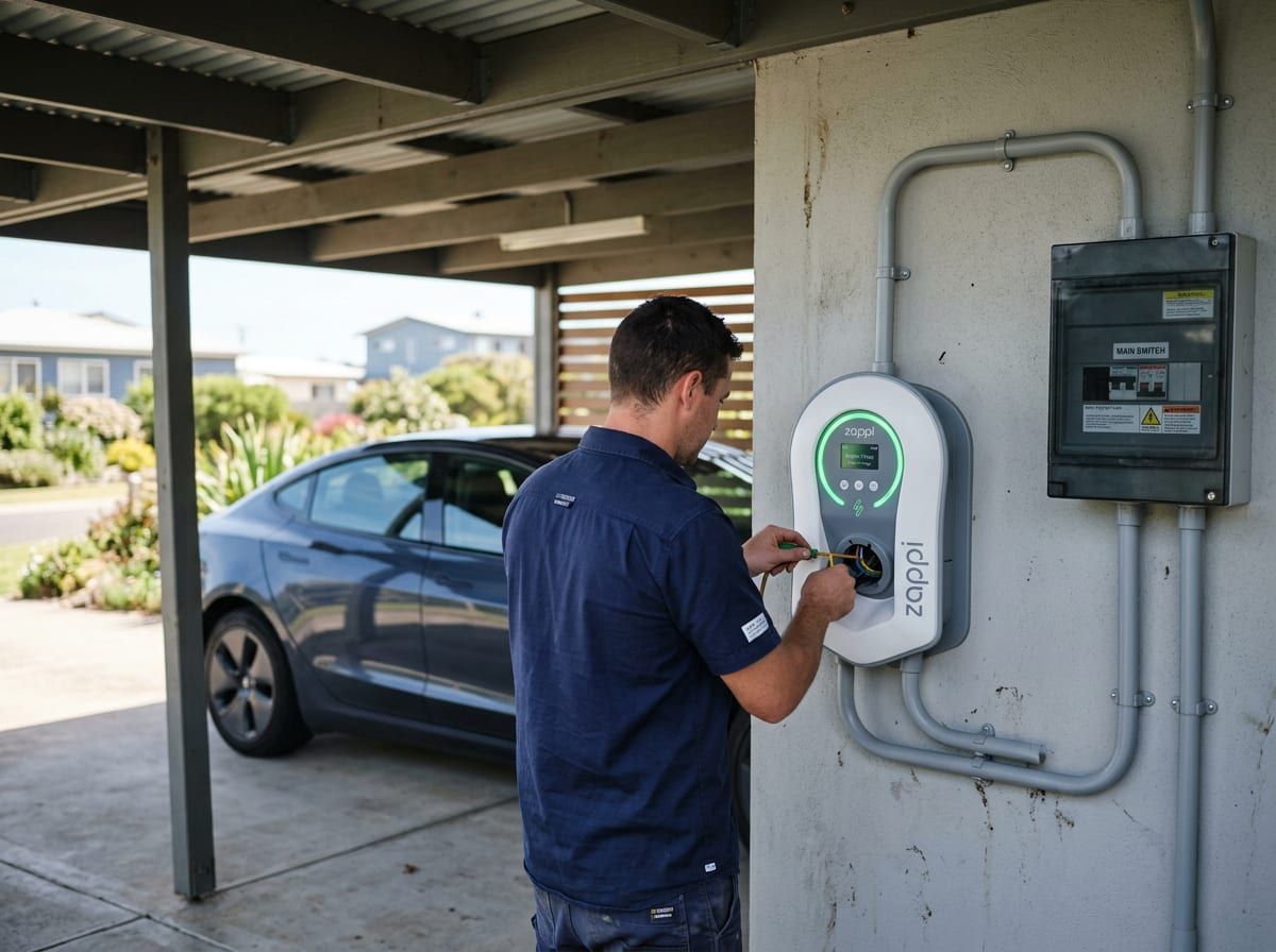 Wall-mounted EV charger being installed in a coastal home carport