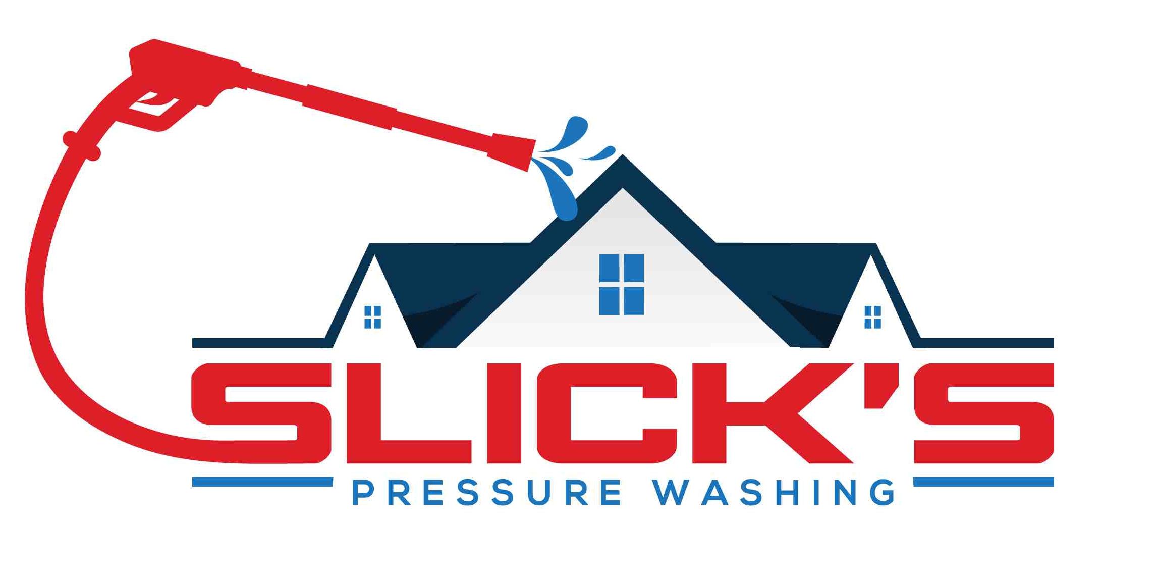 Slick's Pressure Washing logo has the state of Ohio outlined in blue, a house in red and blue, and a red power washing tool cutting through the middle. Below the pressure washing tool, it says "Slick's Pressure Washing" in dark blue and light blue text.