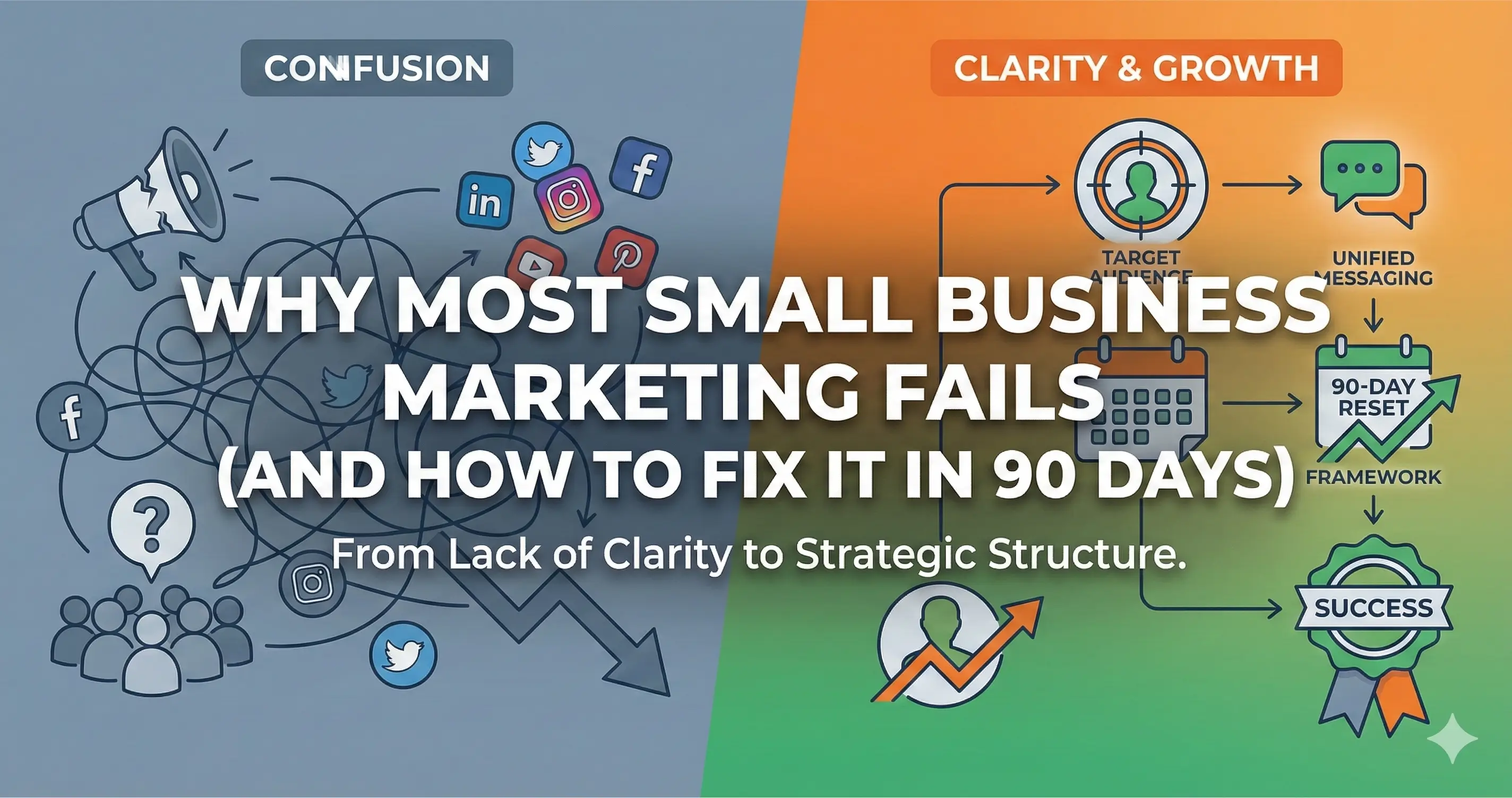 A split-screen graphic for a small business marketing blog. The left side shows "Confusion" with messy lines and social media icons; the right side shows "Clarity & Growth" with a target audience icon, a 90-day calendar, and a success ribbon. A split-screen graphic for a small business marketing blog. The left side shows "Confusion" with messy lines and social media icons; the right side shows "Clarity & Growth" with a target audience icon, a 90-day calendar, and a success ribbon.