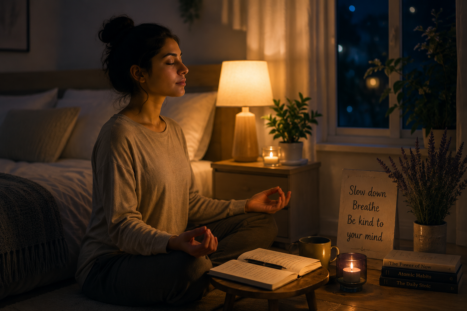 A person journaling or meditating beside a warm bedside lamp with a calm nighttime atmosphere