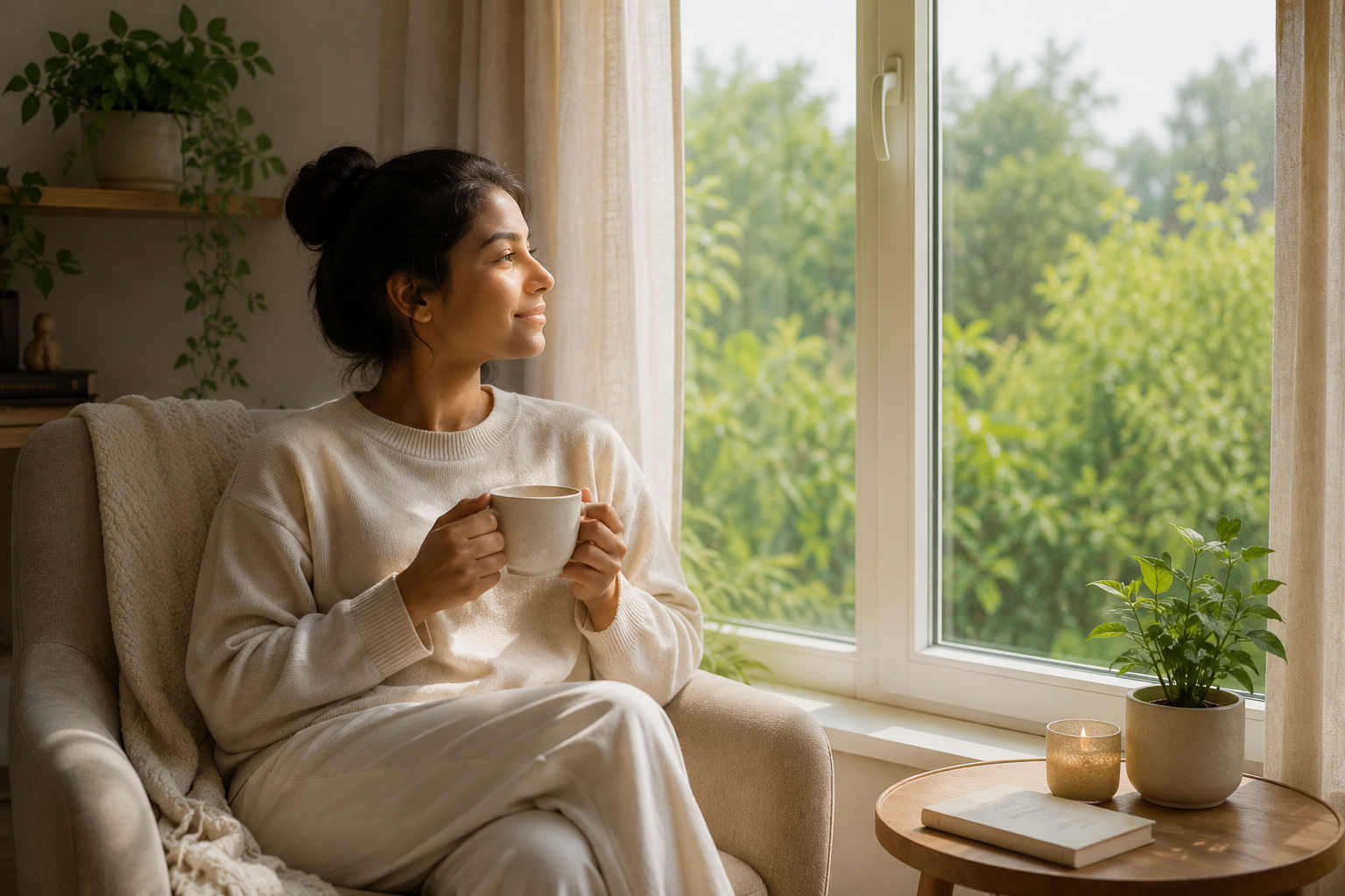 A person sitting peacefully near a window with a cup of tea and no phone nearby.