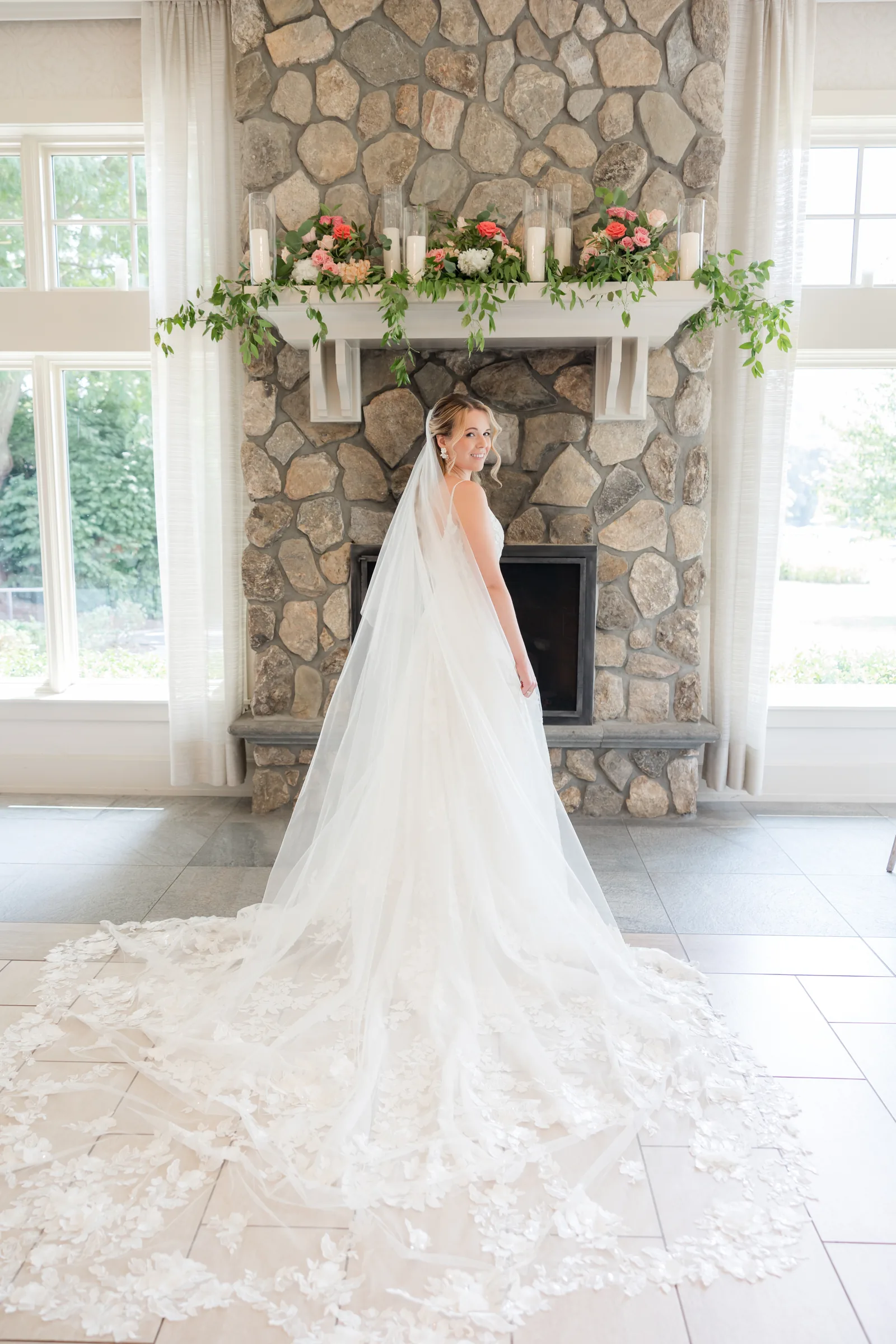 Mary and Keith — bride at the stone fireplace