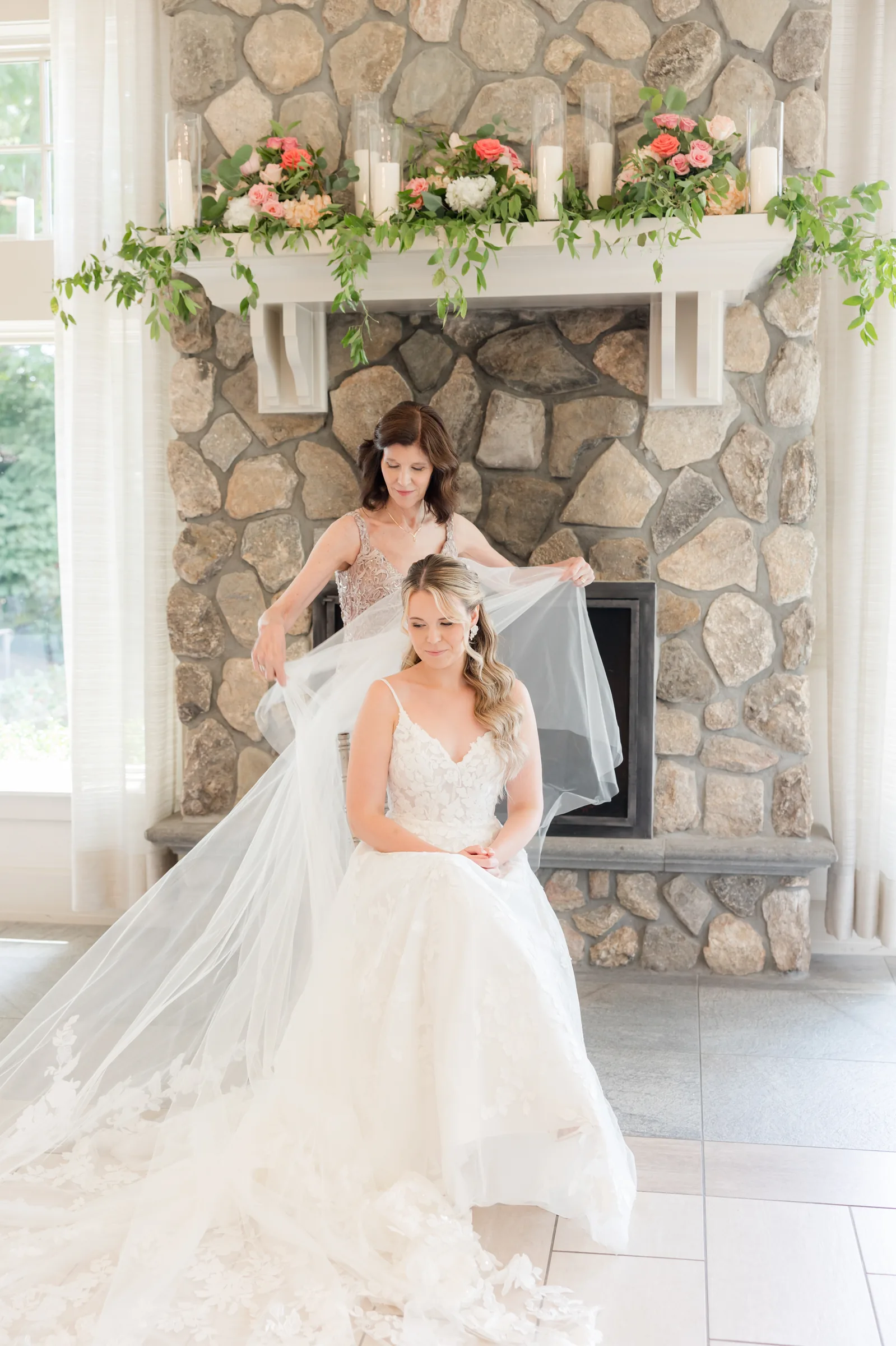 Mary and Keith — couple at the stone fireplace