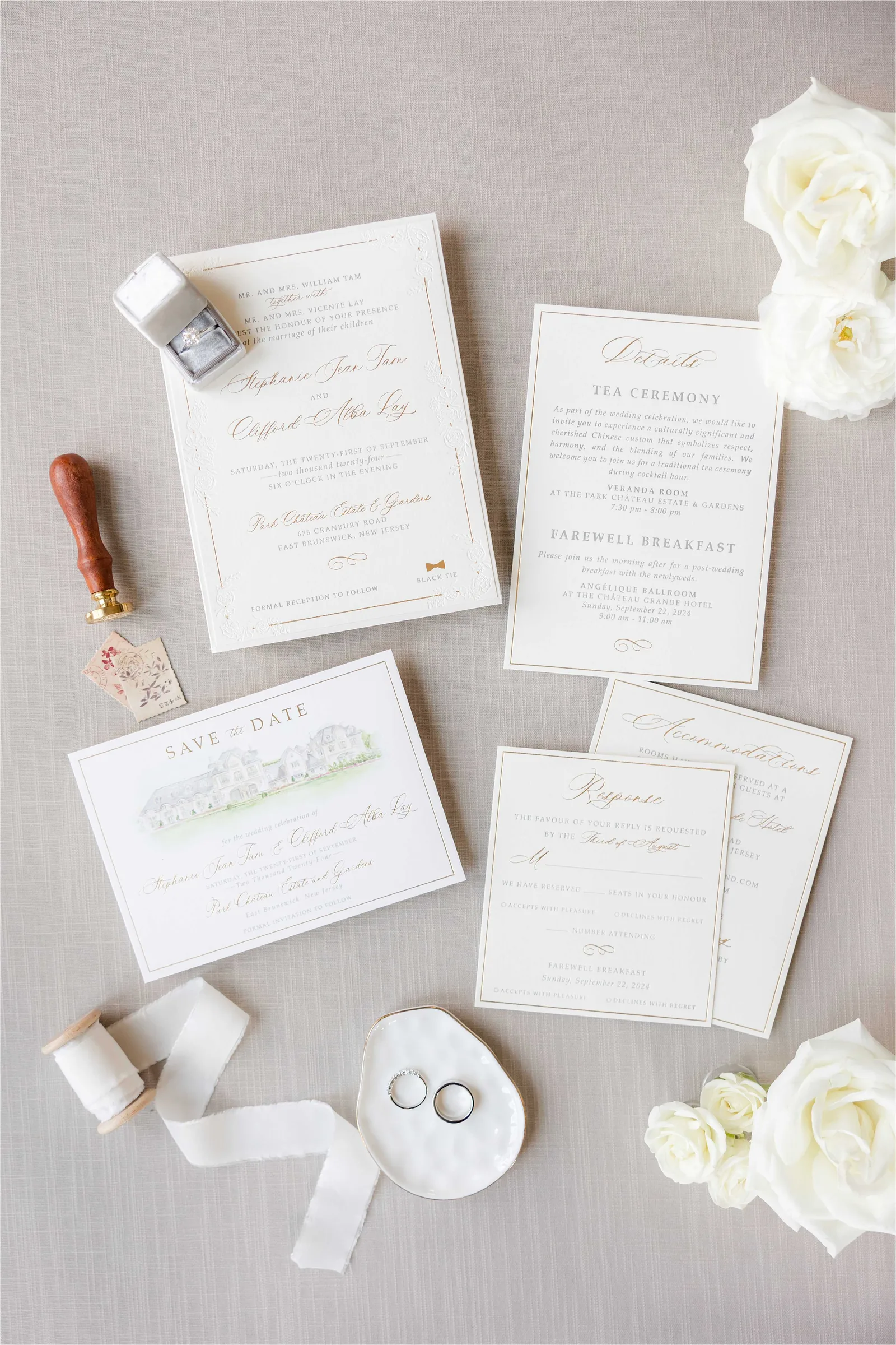 Stephanie and Cliff — invitation suite flatlay