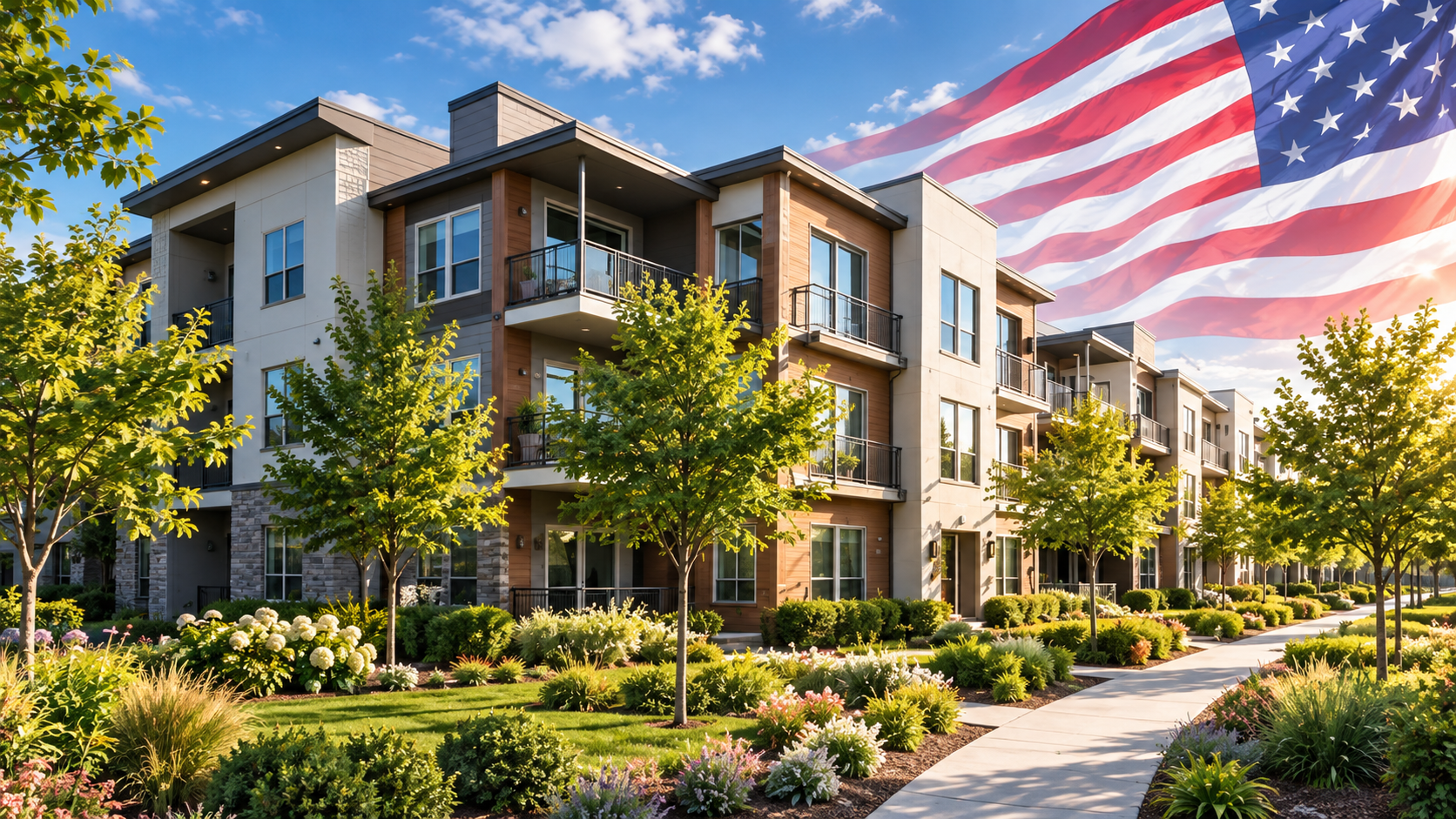 Illustrative multi-unit housing with an American flag