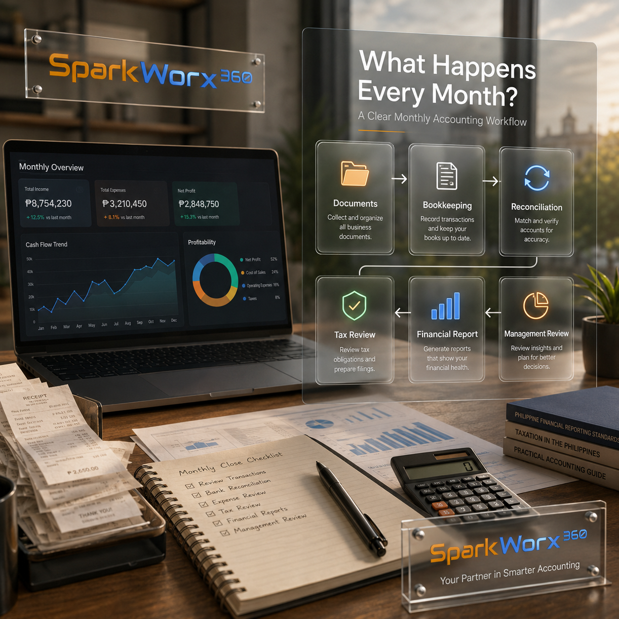 Monthly accounting workflow covering documents, bookkeeping, reconciliation, tax review, financial reporting and management review