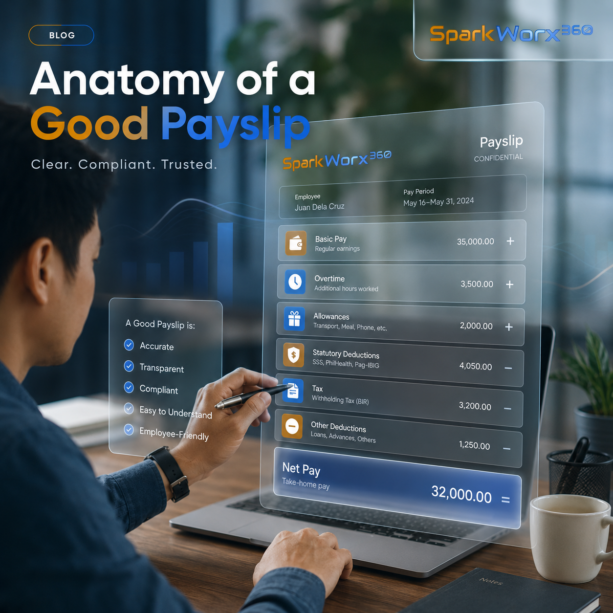 Anatomy of a good payslip showing basic pay, overtime, allowances, statutory deductions, tax, other deductions and net pay