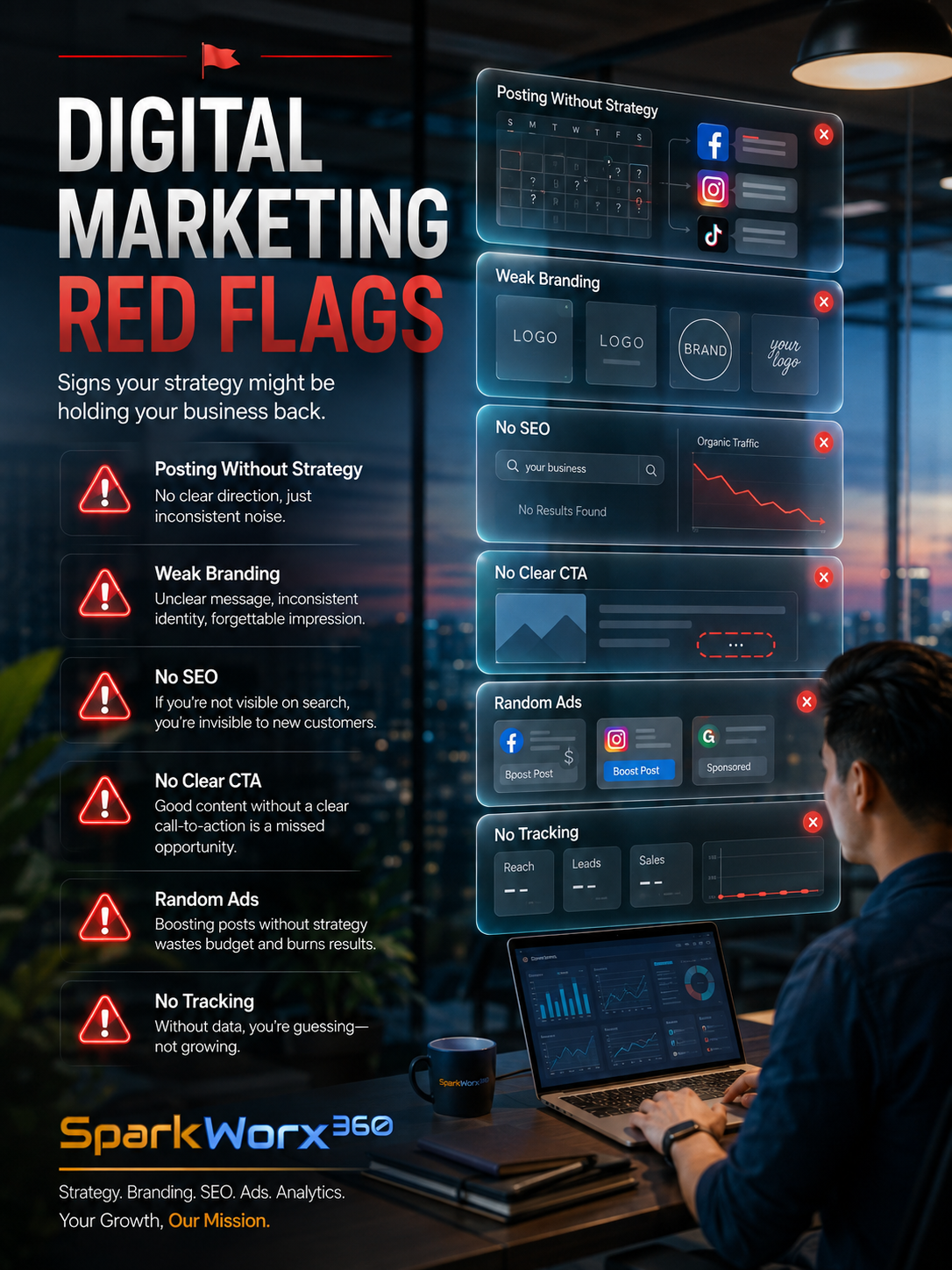 Digital marketing red flags in Bacolod including posting without strategy, weak branding, no SEO, unclear calls to action, random ads and no tracking