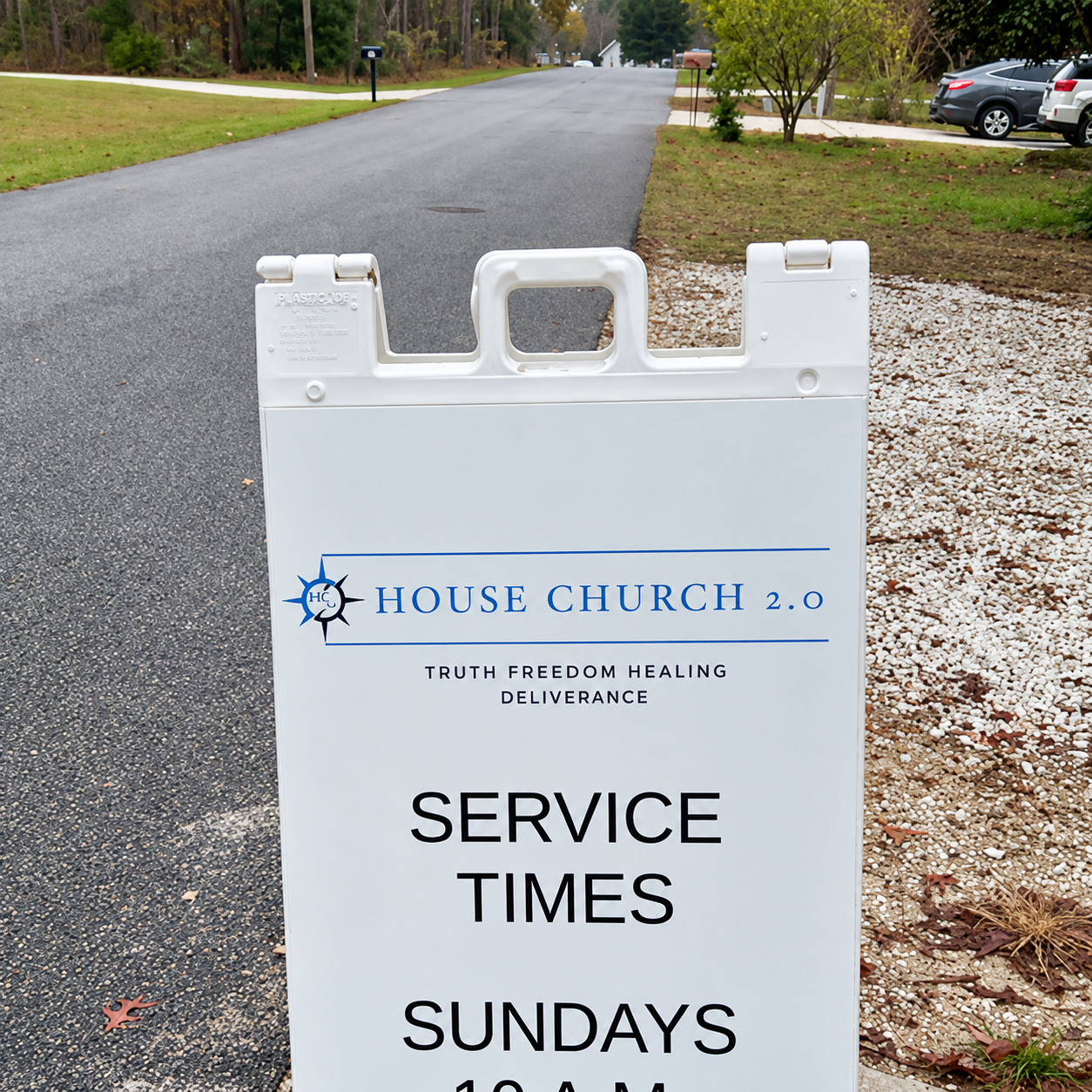 House Church 2.0 welcome sign beside the road