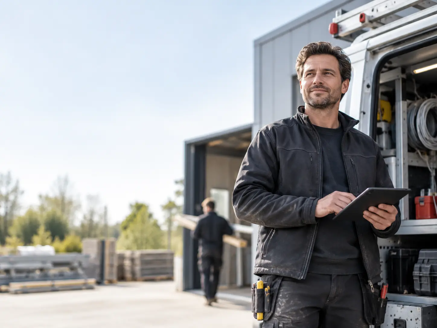 Vakman met tablet bij zijn bestelwagen