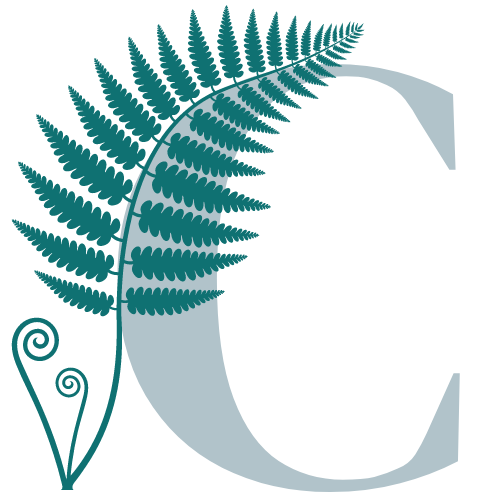 Fern CRM logo which is a silver letter C in a serif font with a green fern leaf curling around the curve of the C.