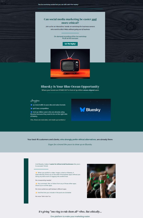 screenshot of a full sales page for a workshop built in Fern CRM. The page is divided into different sections with text that describes the problem this workshop solves.
