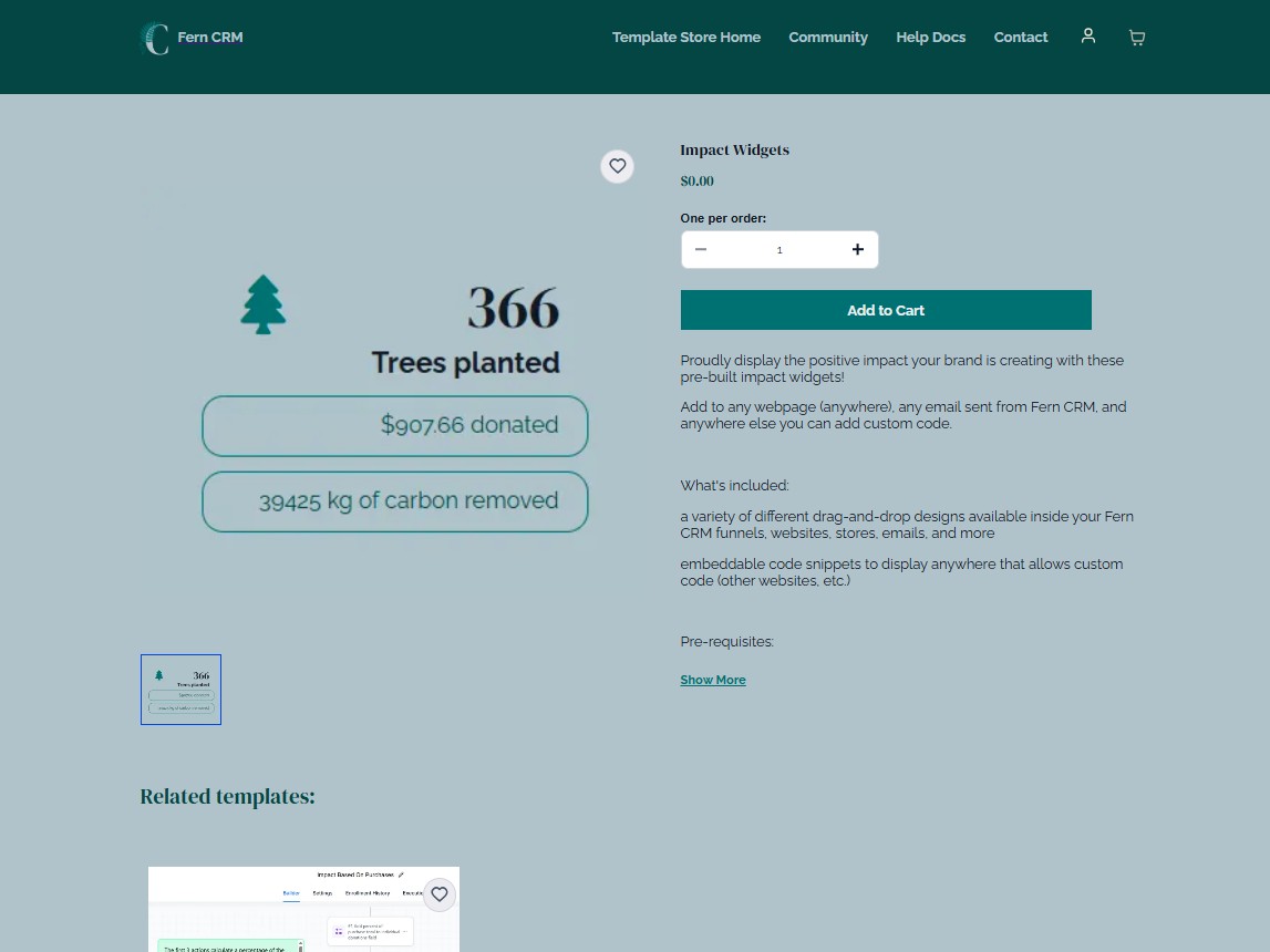 screenshot of a product page in an online store built in Fern CRM. The image shows an "Impact Widget Template" with the product images, description, and price, as well as related products and the button to add it to cart.